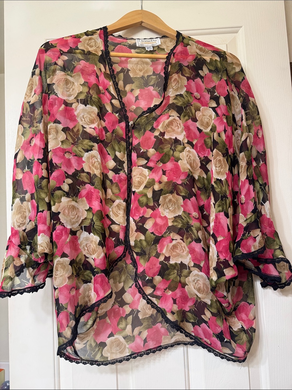 Dior Floral Silk Blouse in Pink, Cream & Olive with Black Lace Trim